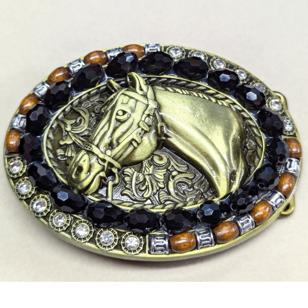 New Horse Head Belt Buckle Gold Tone Black Faceted Beads Clear Rhinestone Beaded
